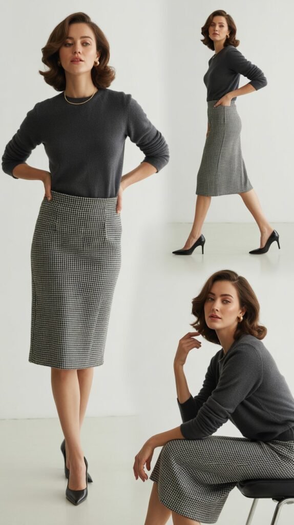 Houndstooth Skirt with Solid Sweater
