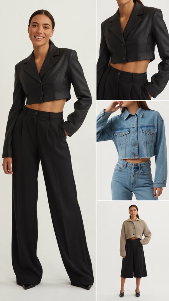 The Cropped Jacket and High-Waisted Bottom Combination