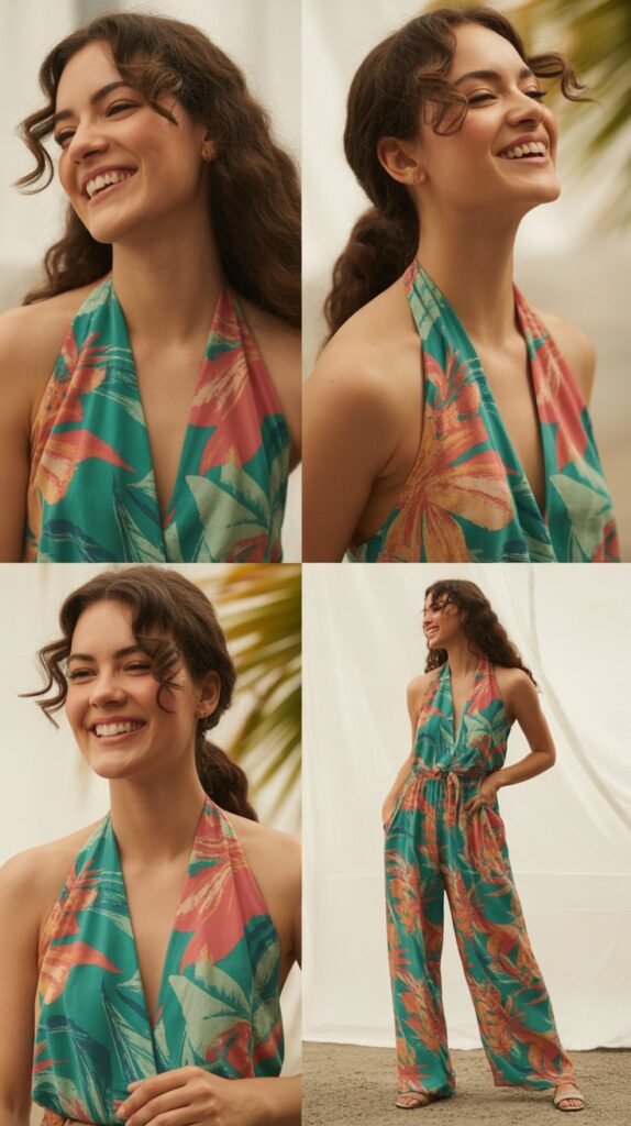 Halter Jumpsuit in Tropical Fabric