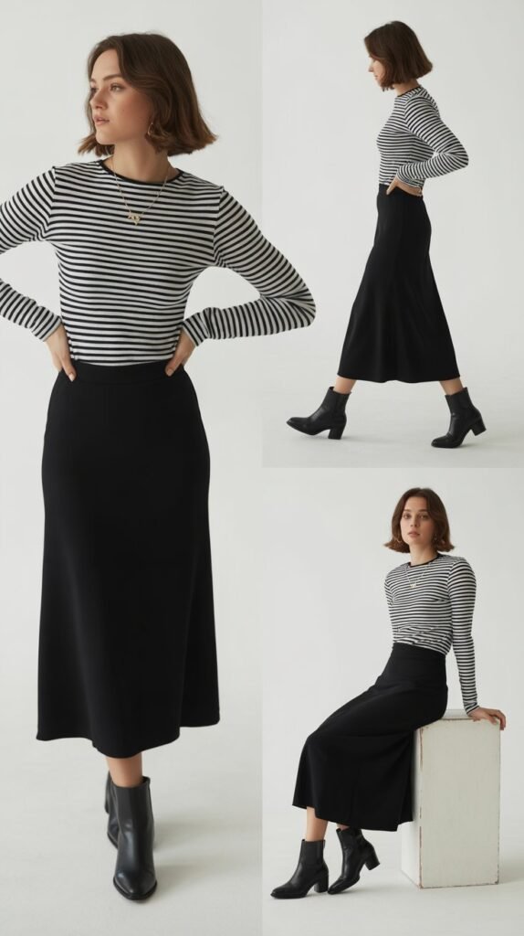  Black Midi Skirt with Striped Top