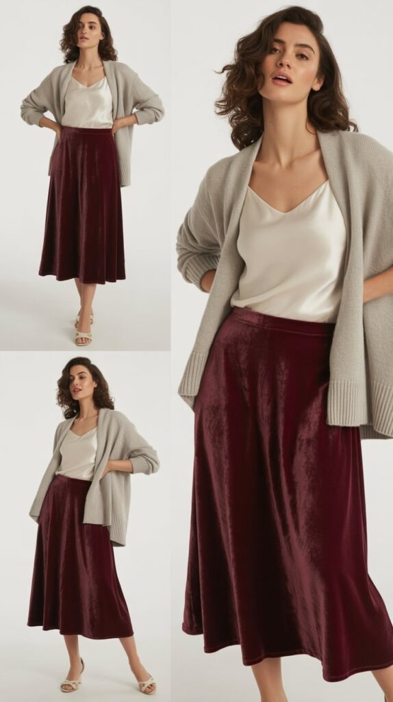 Velvet Skirt with Silk Camisole and Cardigan