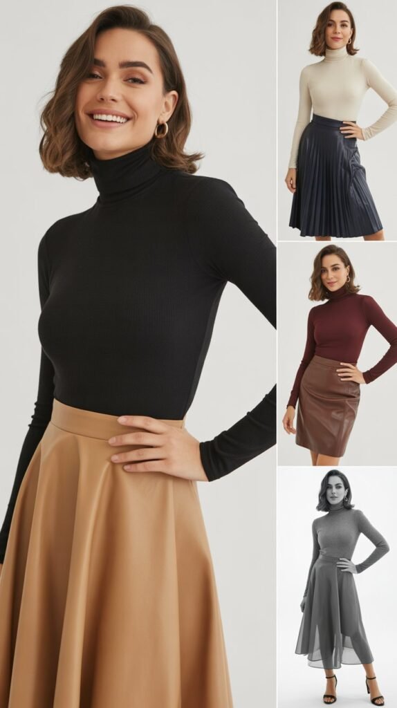 Turtleneck Bodysuits with High-Waisted Skirts