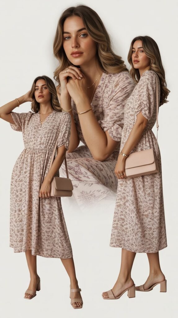 Printed Midi Dress With Neutral Accessories