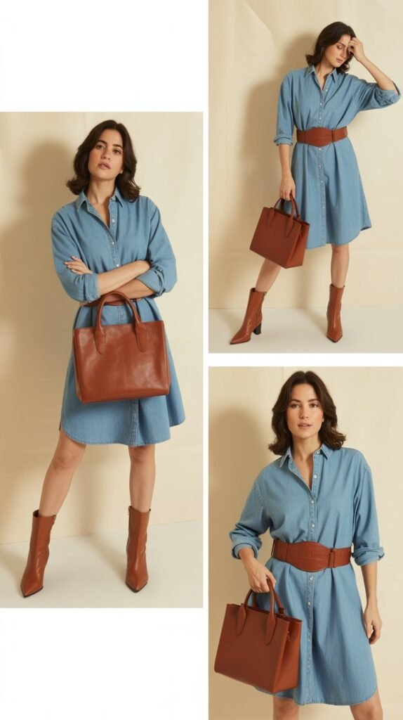 Chambray Dress With Cognac Accessories