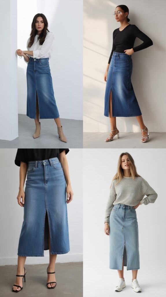 Denim Midi Skirts with Slits