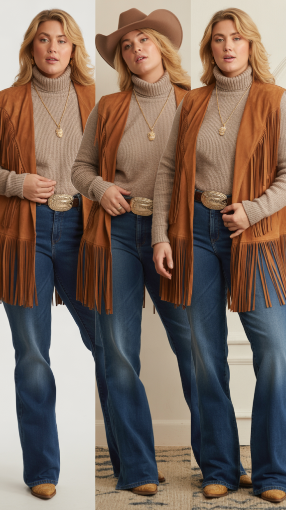  Straight Leg Jeans With Suede Fringe Vest And Turtleneck