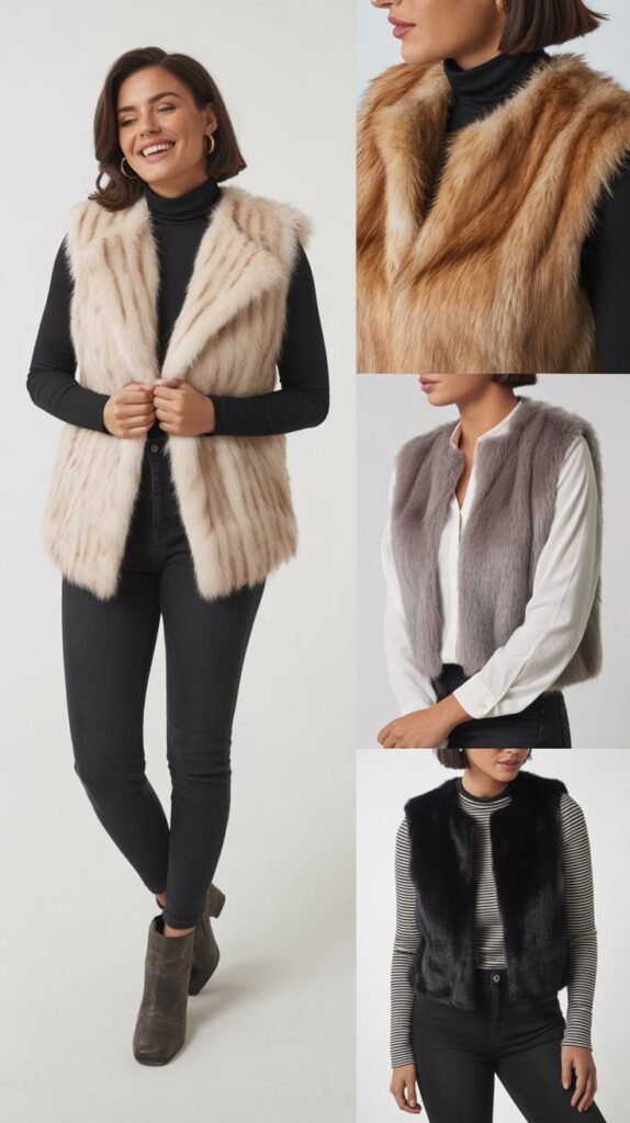 Faux Fur Vests Over Long Sleeves
