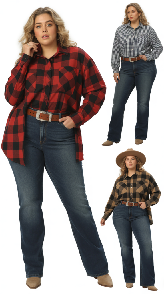  Straight Leg Jeans With Oversized Plaid Shirt