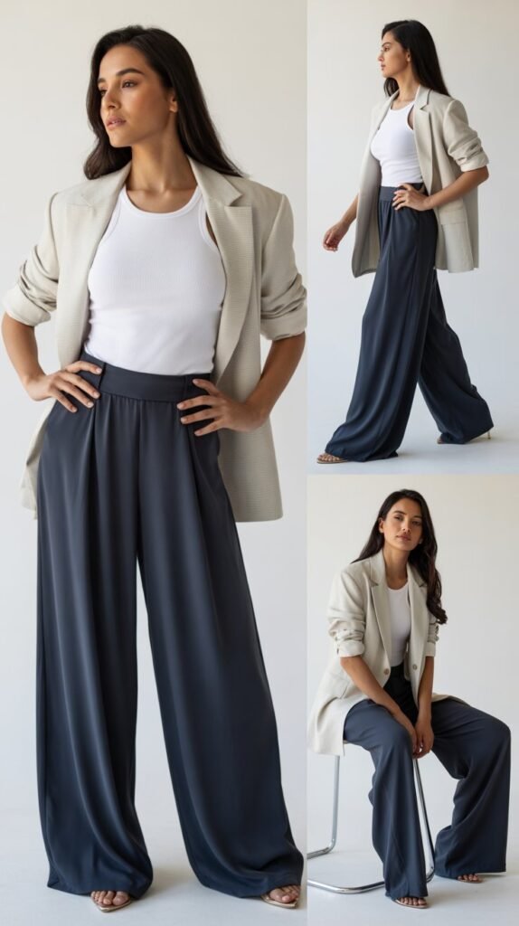 Palazzo Pants with Fitted Tank and Lightweight Blazer