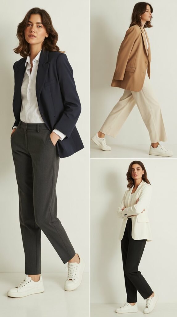 Classic White Sneakers with Tailored Trousers and Blazer
