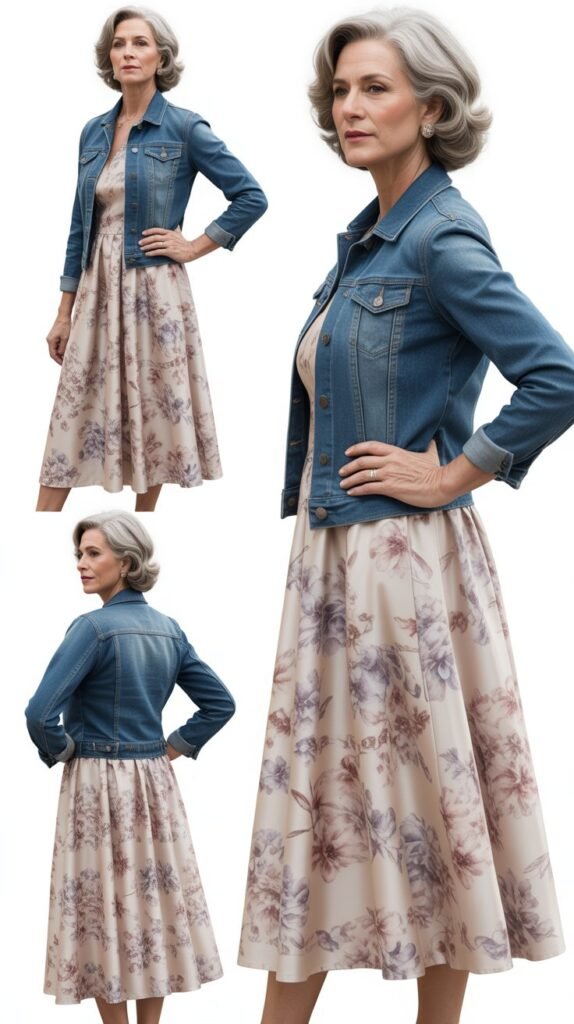 Floral Midi Dress with Denim Jacket