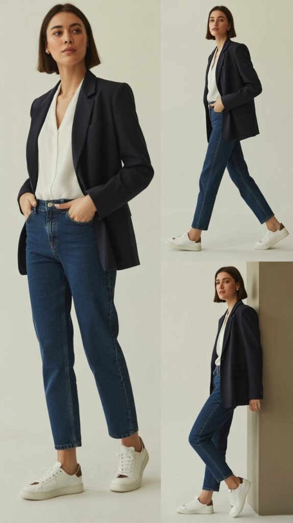 Straight-Leg Jeans with Blazer and Minimalist Sneakers