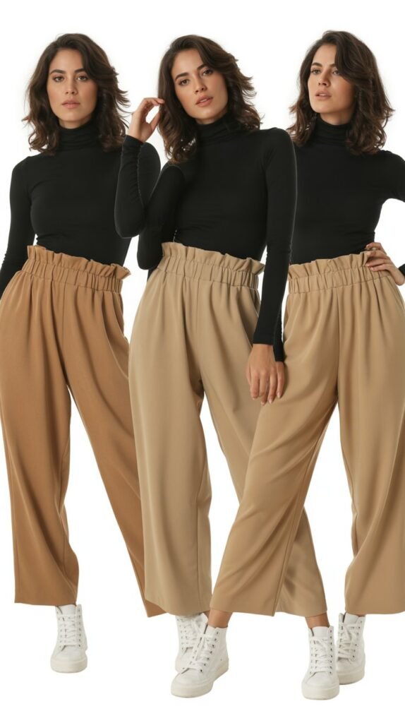 Paperbag Waist Pants with Fitted Turtleneck and High-Top Sneakers