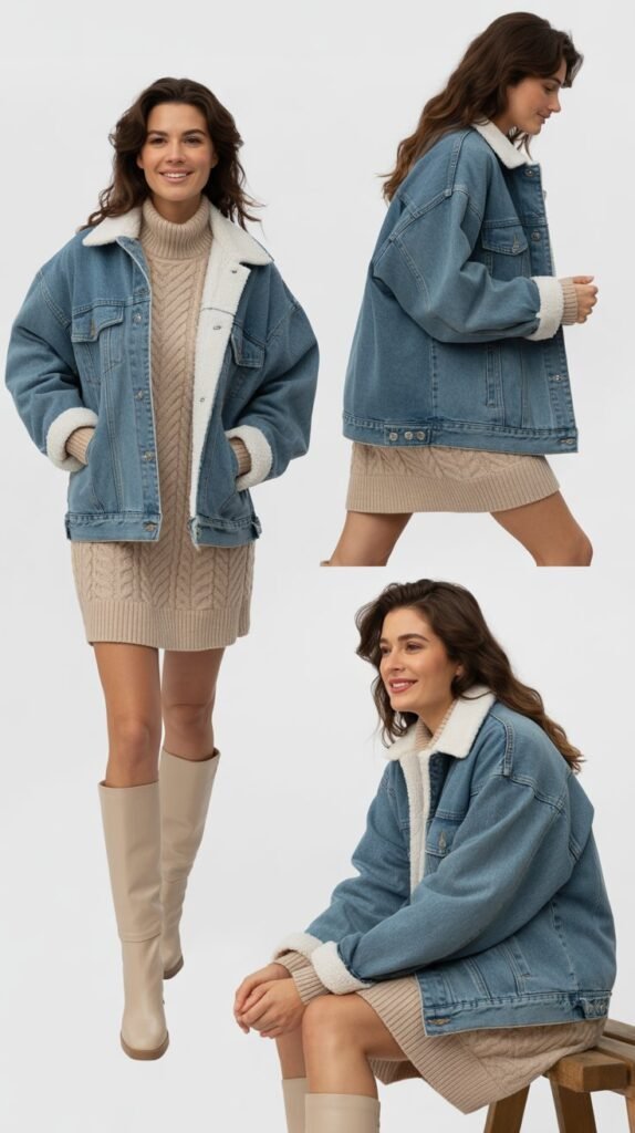 Sherpa-Lined Denim Jacket with Sweater Dress
