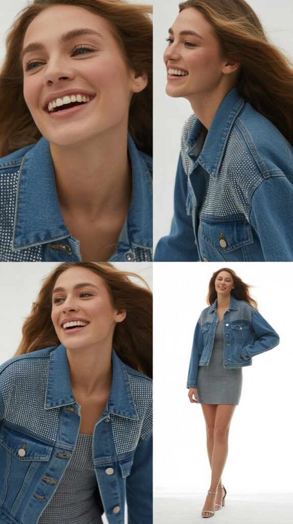 Rhinestone-Embellished Denim Jacket with Mini Dress