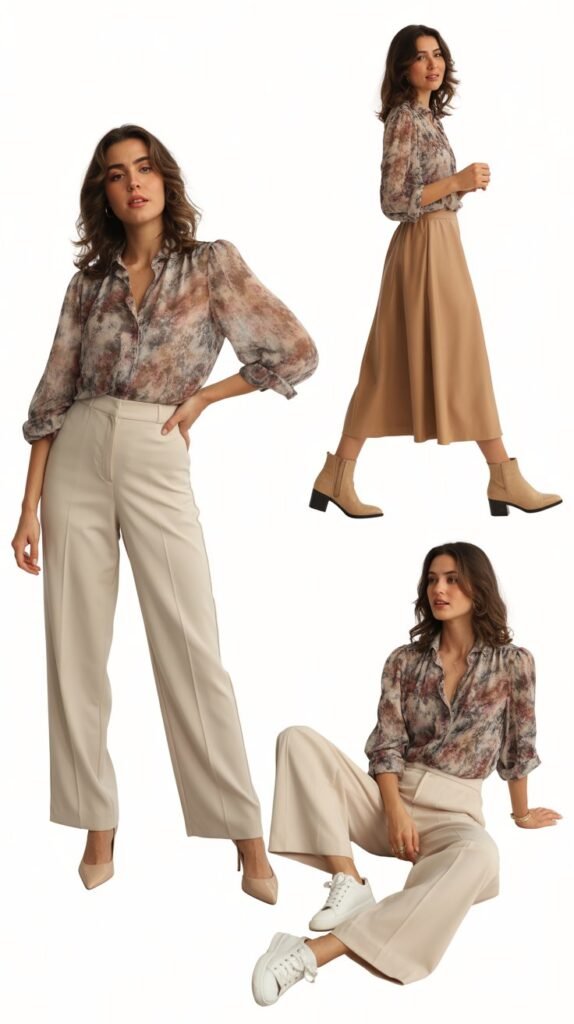 Printed Blouse with Neutral Bottoms