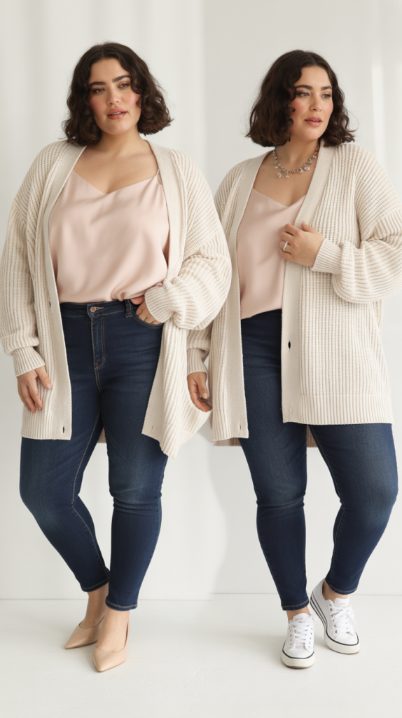 Boyfriend Cardigan with Camisole and Skinny Jeans