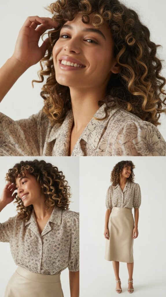  Printed Blouse with Neutral Pencil Skirt