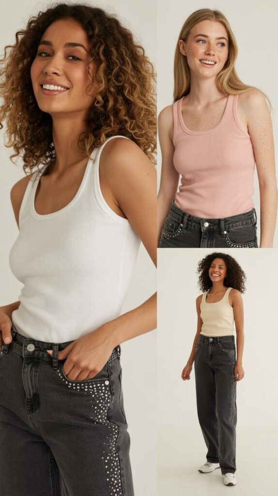  Rhinestone-Studded Jeans with Simple Tank
