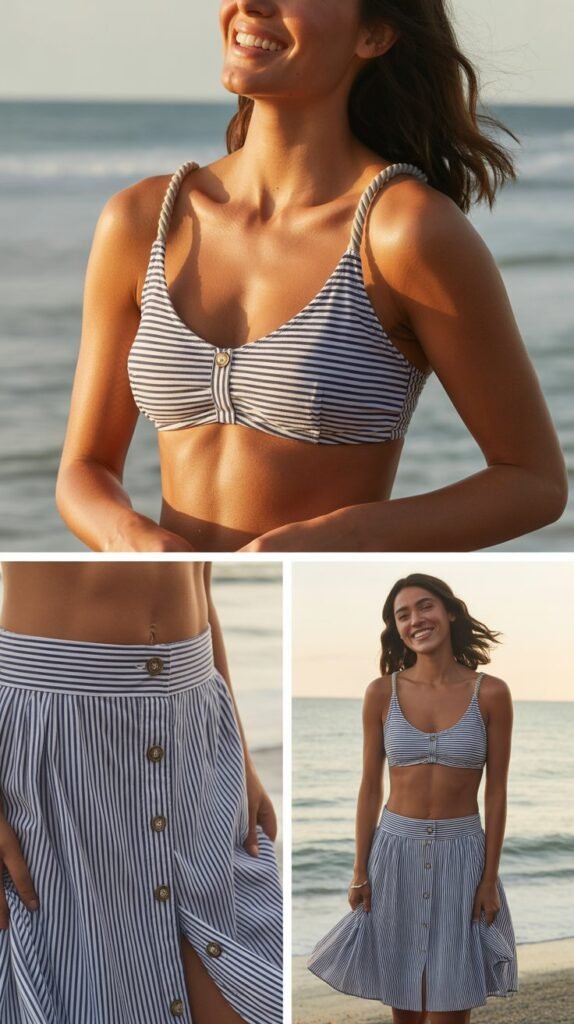 Striped Nautical Bikini with Button-Front Skirt