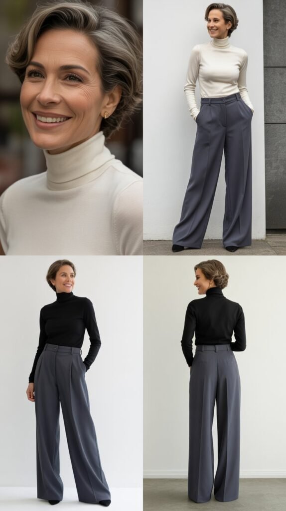 Tailored Wide-Leg Trousers with Fitted Turtleneck
