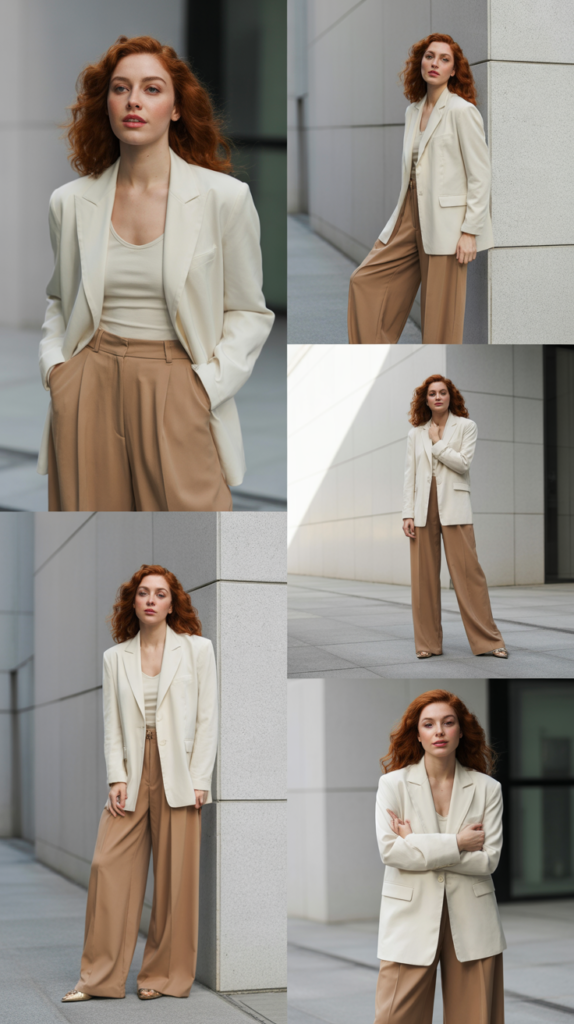 Cream Blazer with Tan Wide-Leg Pants