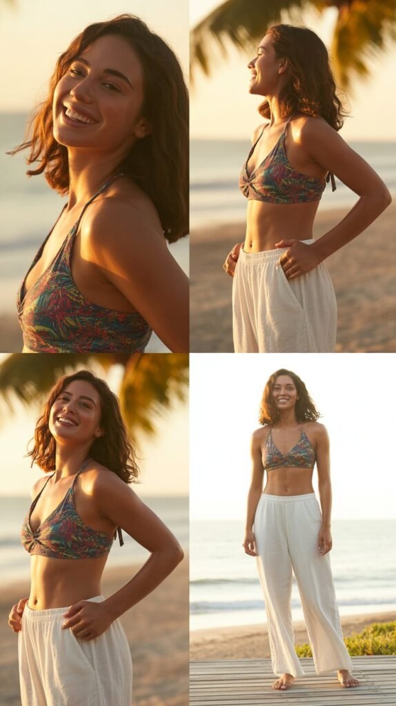 White Linen Pants with Colorful Bikini Top