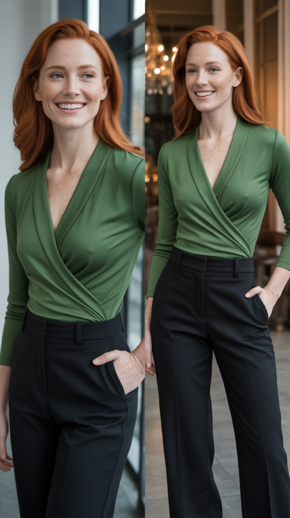 Forest Green Wrap Top with Black Trousers