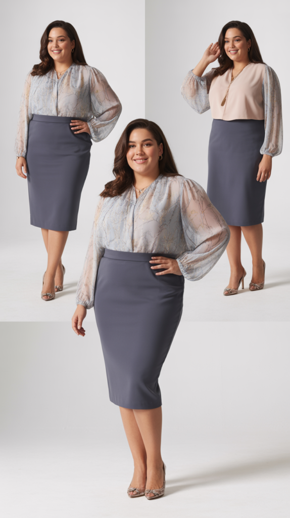 Printed Blouse with Solid Pencil Skirt