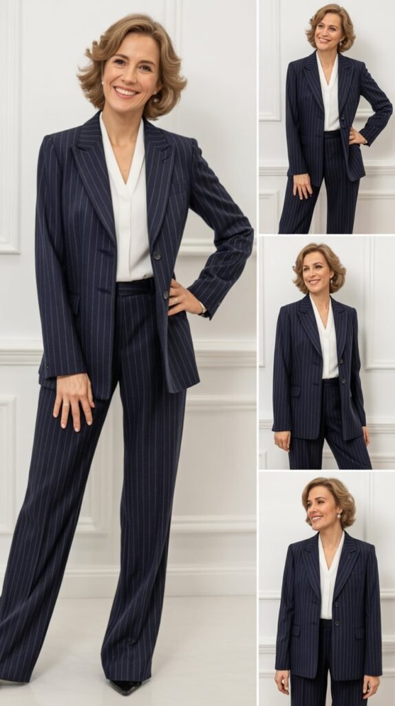 Pinstripe Pantsuit with Contrasting Blouse
