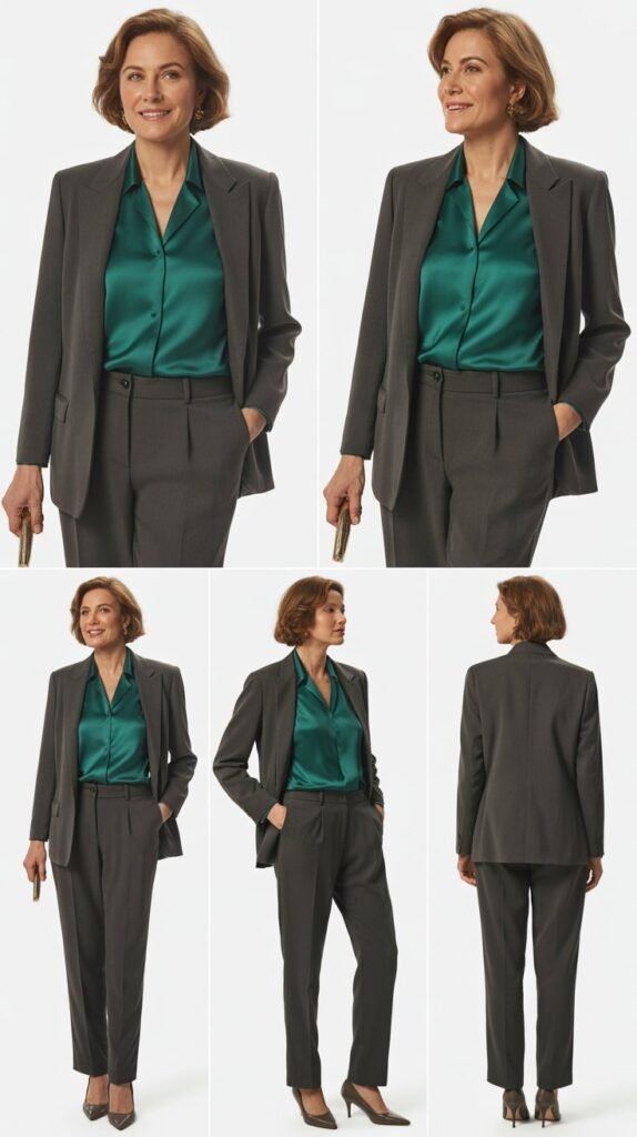 Emerald Blouse with Gray Suit