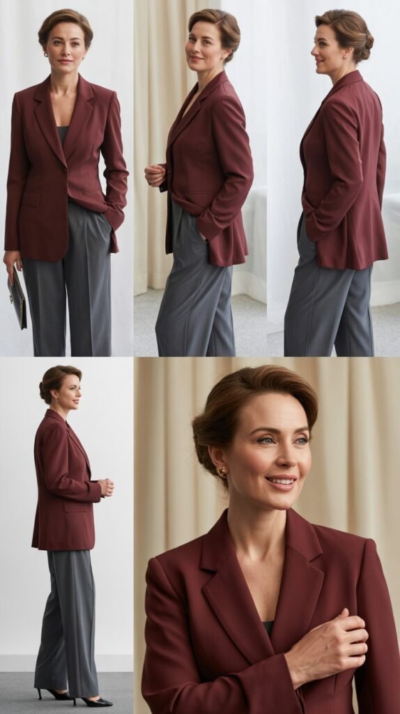 Burgundy Blazer with Gray Trousers