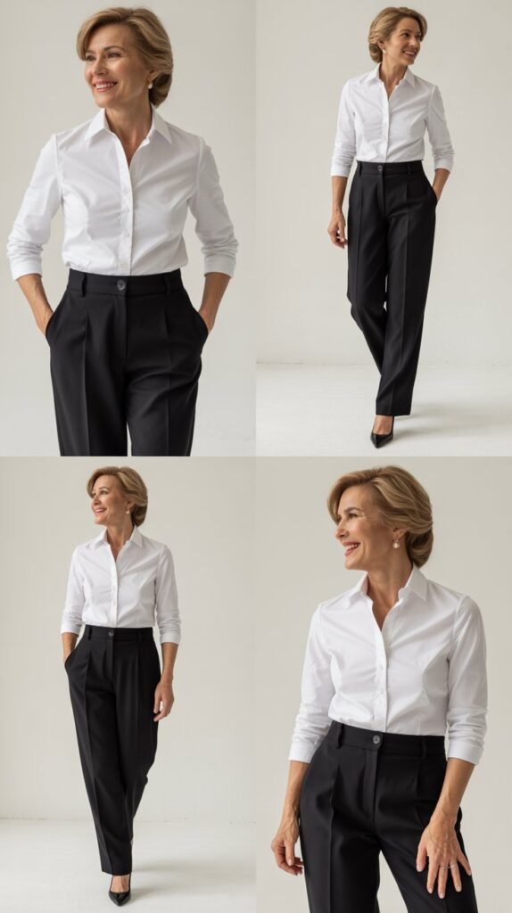 Structured White Shirt with High-Waisted Black Trousers