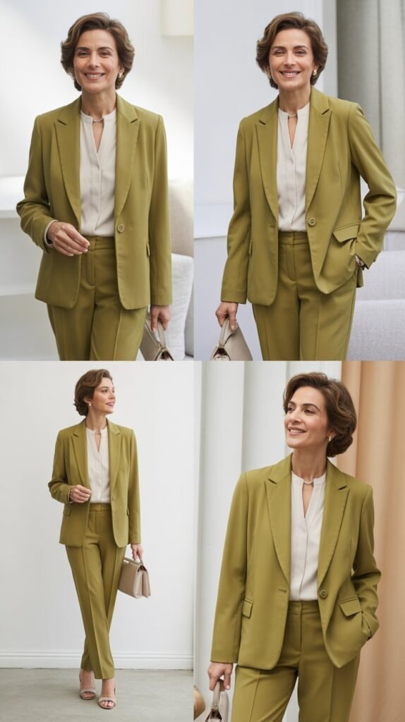 Olive Green Pantsuit with Ivory Silk Blouse