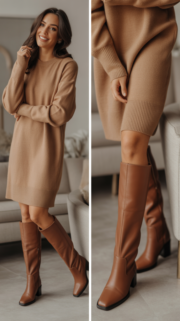 Camel Sweater Dress with Tall Boots