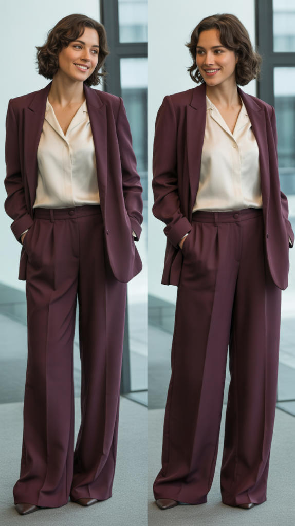 Burgundy Wide-Leg Trousers with Ivory Blouse