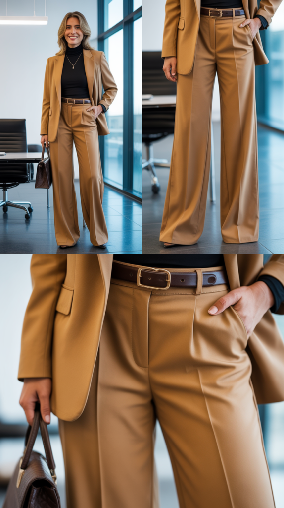 Camel-Colored Wide-Leg Trousers with Turtleneck