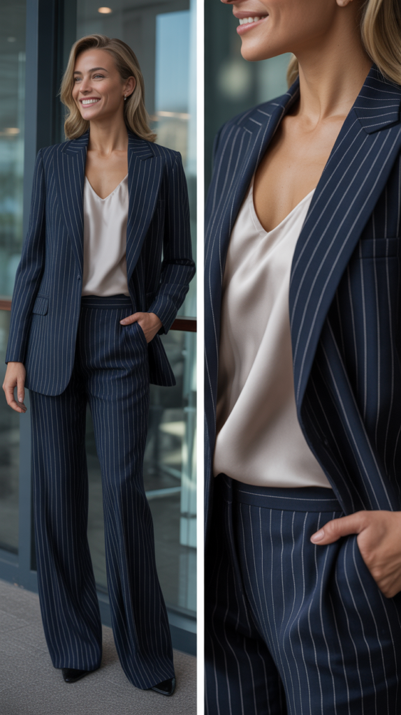 Pinstripe Suit with Silk Camisole