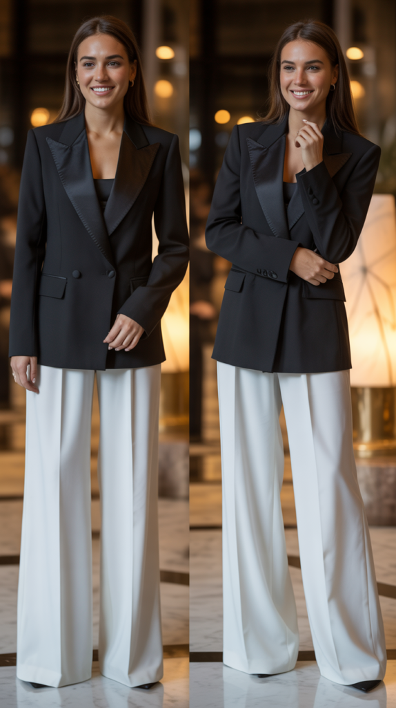 Black Tuxedo Blazer with White Wide-Leg Trousers