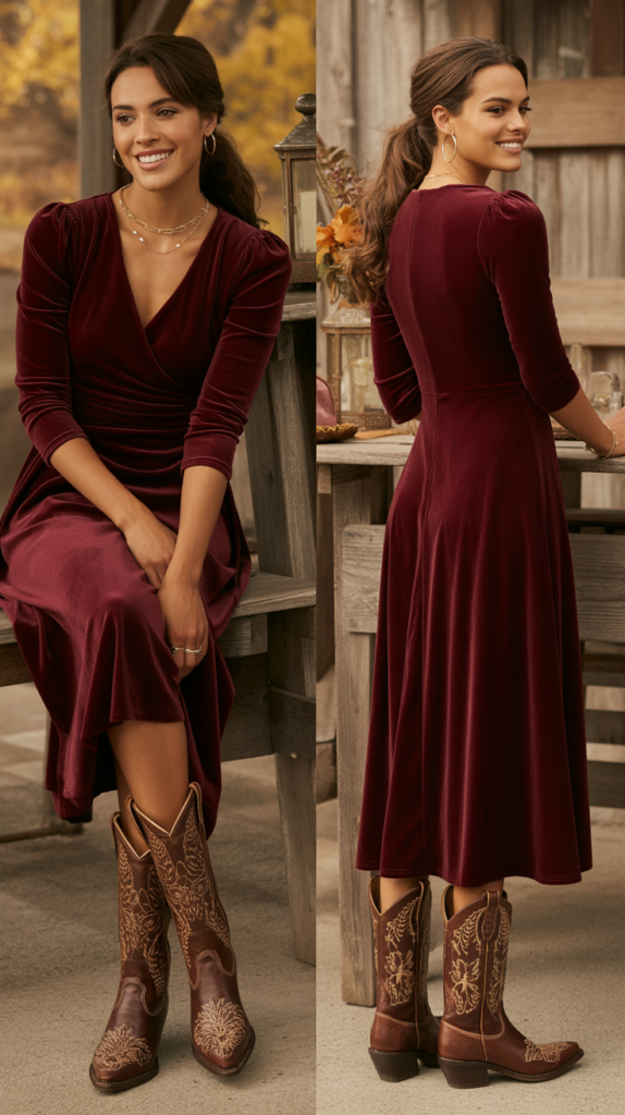 Burgundy Velvet Dress with Tooled Leather Boots