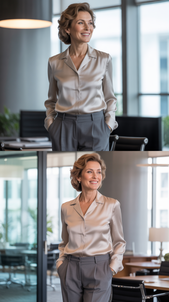 Tailored Trousers with Silk Blouse