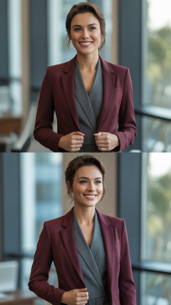Burgundy Blazer with Grey Trousers