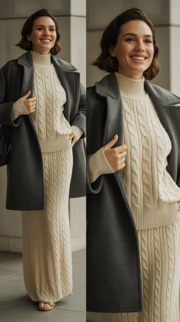 Cream Knit Set with Tailored Coat