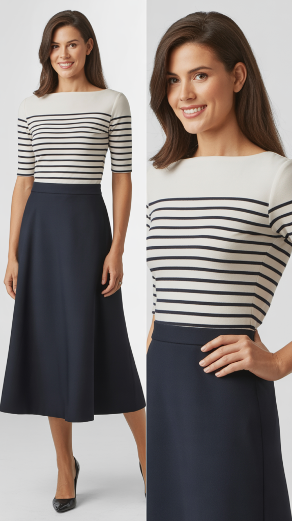 Navy Midi Skirt with Striped Boatneck Top