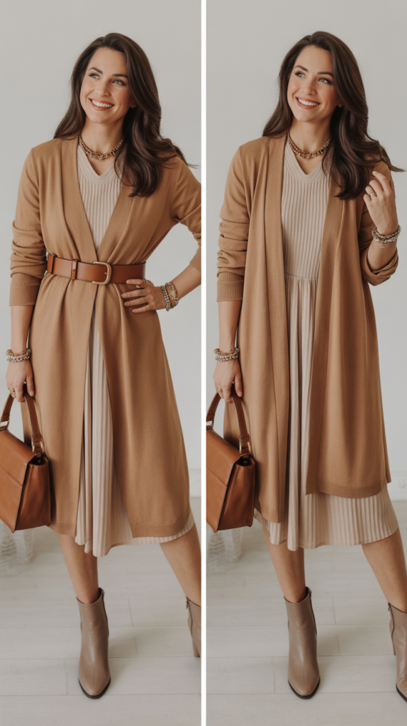 Camel Cardigan Over Dress for Layered Sophistication