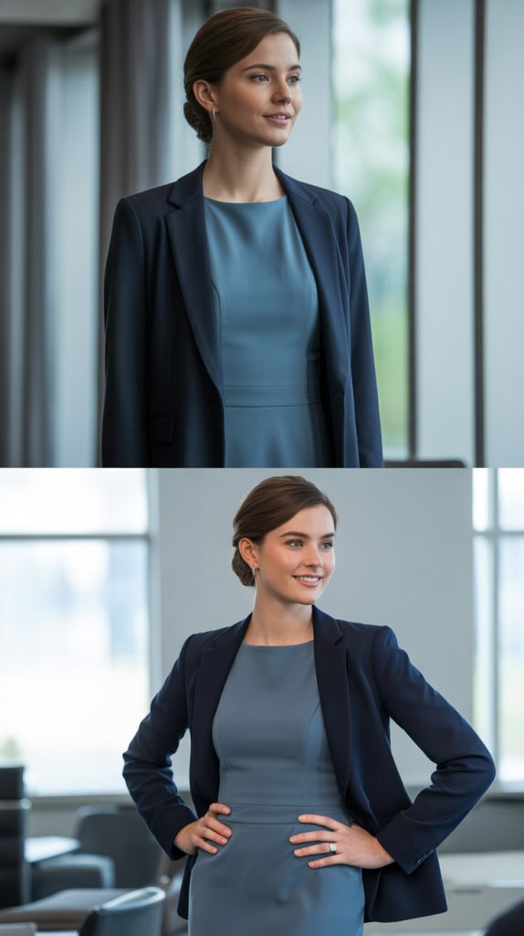 Slate Blue Sheath Dress with Navy Blazer