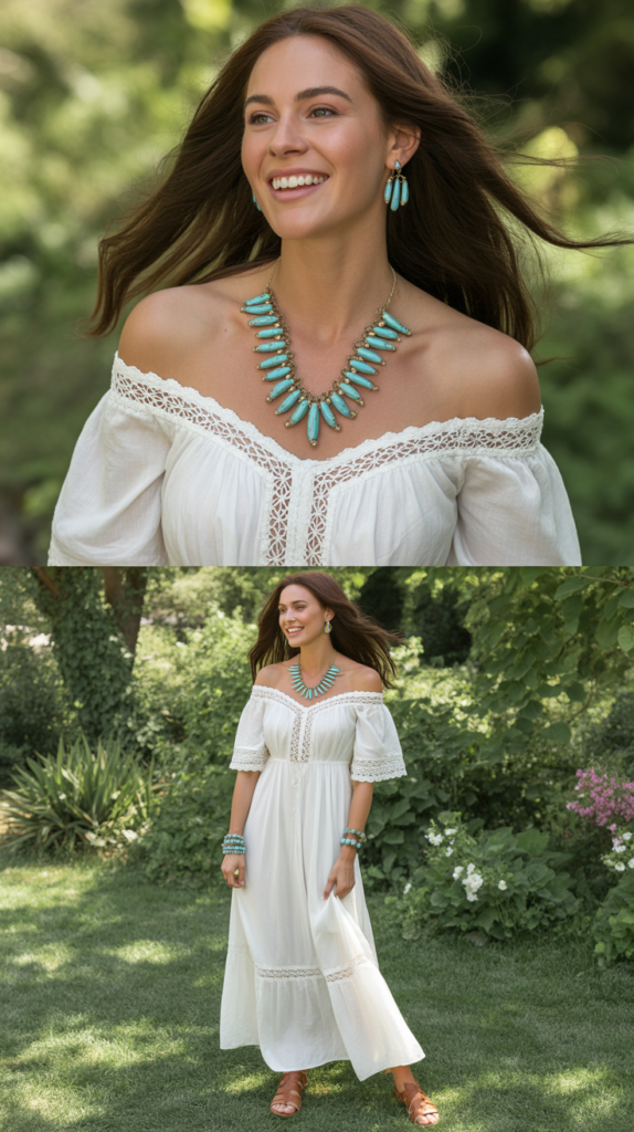 Off-Shoulder Boho Dress with Turquoise Jewelry