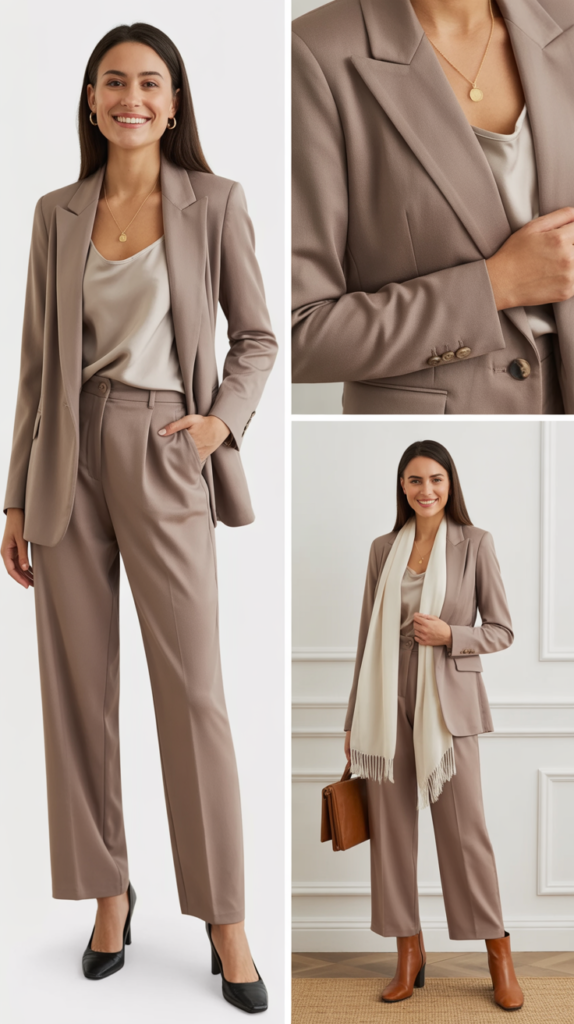 Taupe Suit with Silk Camisole
