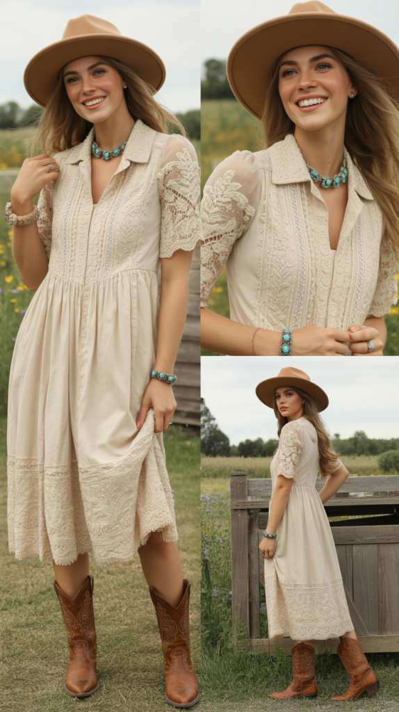 Classic Lace Prairie Dress with Cowboy Boots