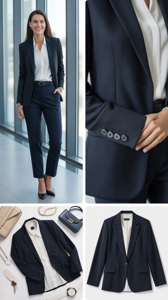 The Classic Navy Blazer and White Blouse Combination